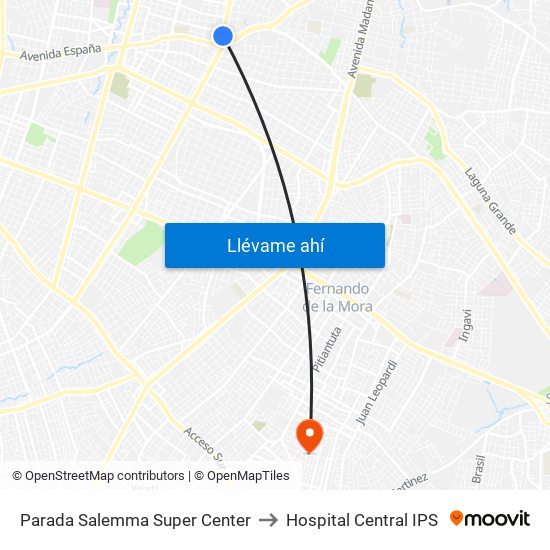Parada Salemma Super Center to Hospital Central IPS map