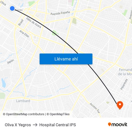 Oliva X Yegros to Hospital Central IPS map