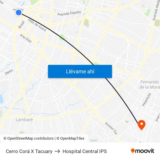 Cerro Corá X Tacuary to Hospital Central IPS map