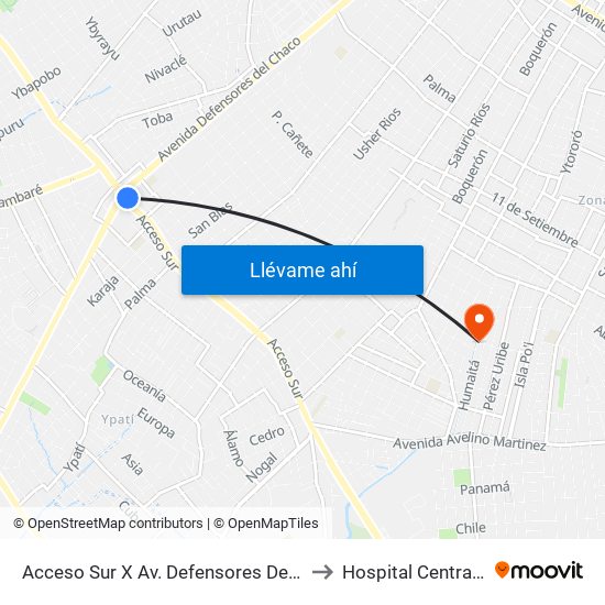 Acceso Sur X Av. Defensores Del Chaco to Hospital Central IPS map