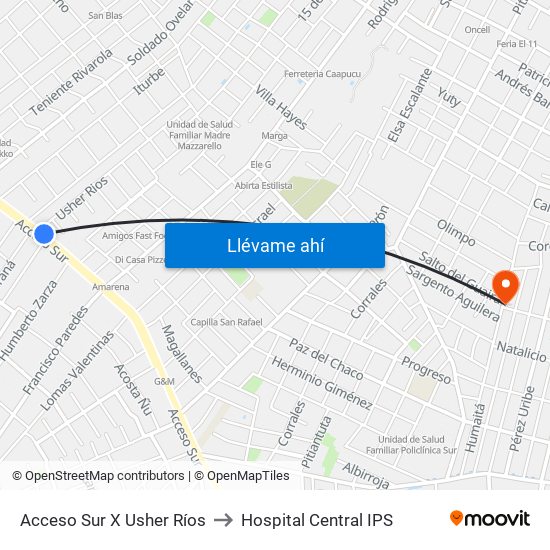 Acceso Sur X Usher Ríos to Hospital Central IPS map