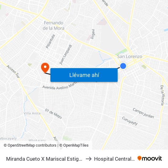 Miranda Cueto X Mariscal Estigarribia to Hospital Central IPS map