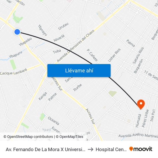 Av. Fernando De La Mora X Universitarios Del Chaco to Hospital Central IPS map