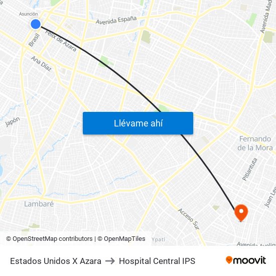 Estados Unidos X Azara to Hospital Central IPS map