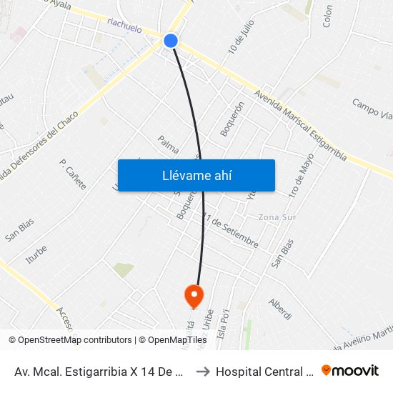 Av. Mcal. Estigarribia X 14 De Mayo to Hospital Central IPS map