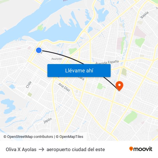 Oliva X Ayolas to aeropuerto ciudad del este map