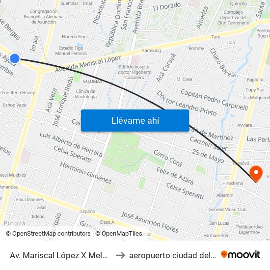 Av. Mariscal López X Melgarejo to aeropuerto ciudad del este map