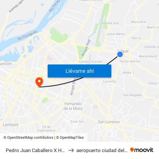 Pedro Juan Caballero X Herrera to aeropuerto ciudad del este map