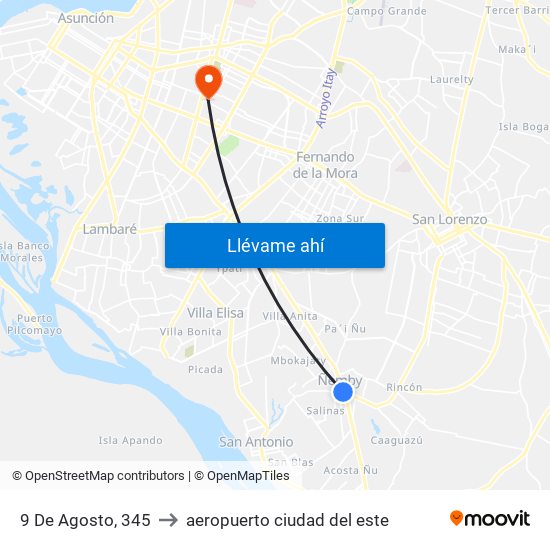 9 De Agosto, 345 to aeropuerto ciudad del este map