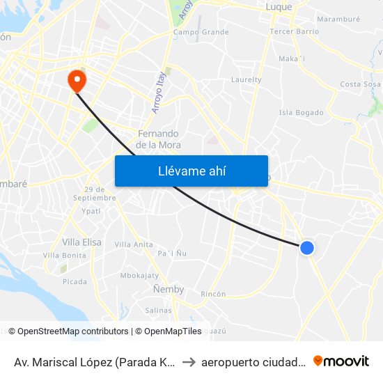 Av. Mariscal López (Parada Km. 17 (1/2)) to aeropuerto ciudad del este map
