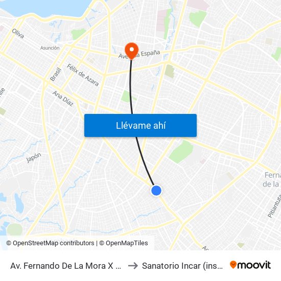 Av. Fernando De La Mora X Universitarios Del Chaco to Sanatorio Incar (instituto del corazon) map