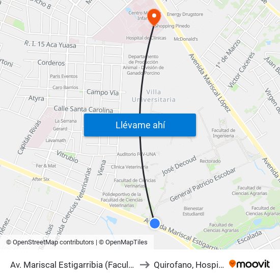 Av. Mariscal Estigarribia (Facultad De Ciencias Económicas) to Quirofano, Hospital Clínicas - UNA map
