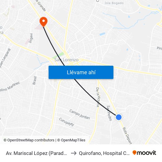 Av. Mariscal López (Parada Km. 17 (1/2)) to Quirofano, Hospital Clínicas - UNA map