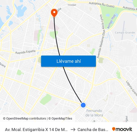 Av. Mcal. Estigarribia X 14 De Mayo to Cancha de Basket map