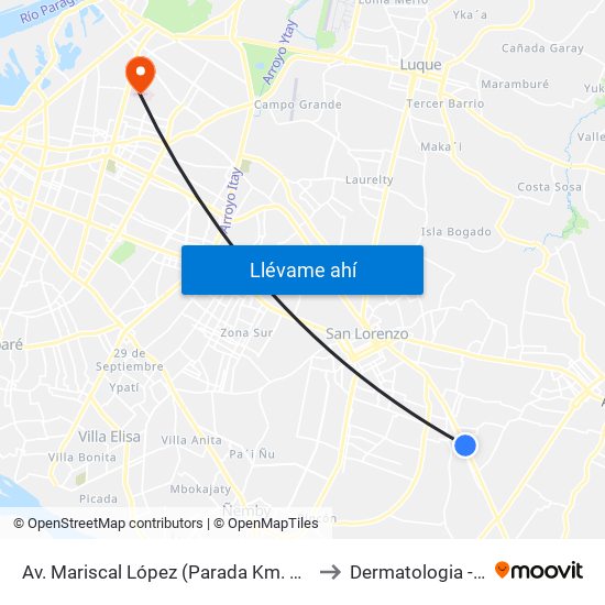Av. Mariscal López (Parada Km. 17 (1/2)) to Dermatologia - I.P.S map