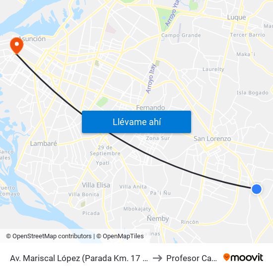 Av. Mariscal López (Parada Km. 17 (1/2)) to Profesor Carlos map