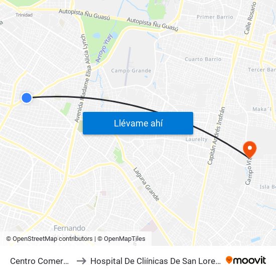 Centro Comercial to Hospital De Cliínicas De San Lorenzo map