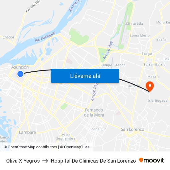 Oliva X Yegros to Hospital De Cliínicas De San Lorenzo map
