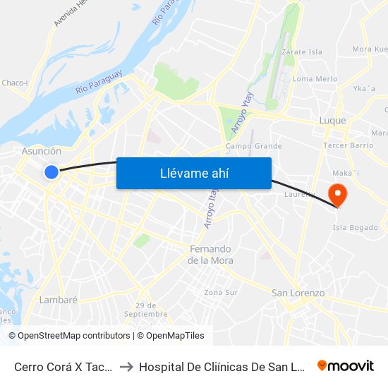 Cerro Corá X Tacuary to Hospital De Cliínicas De San Lorenzo map