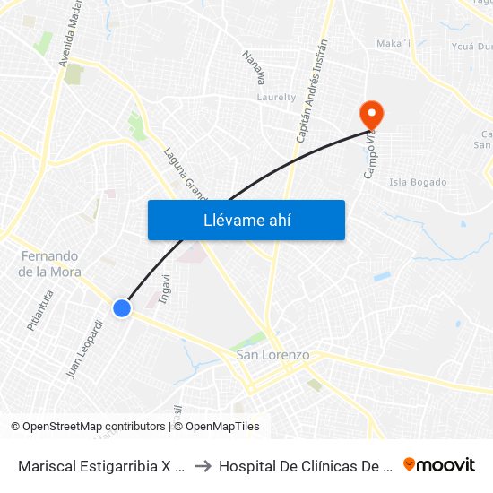Mariscal Estigarribia X Atilio Galfre to Hospital De Cliínicas De San Lorenzo map