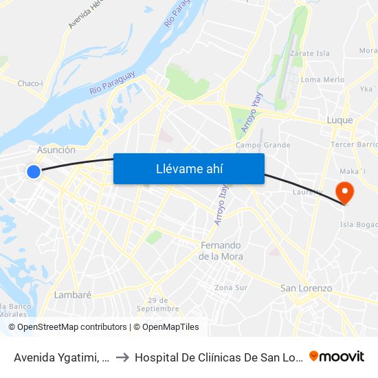 Avenida Ygatimi, 880 to Hospital De Cliínicas De San Lorenzo map