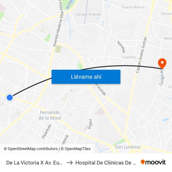 De La Victoria X Av. Eusebio Ayala to Hospital De Cliínicas De San Lorenzo map