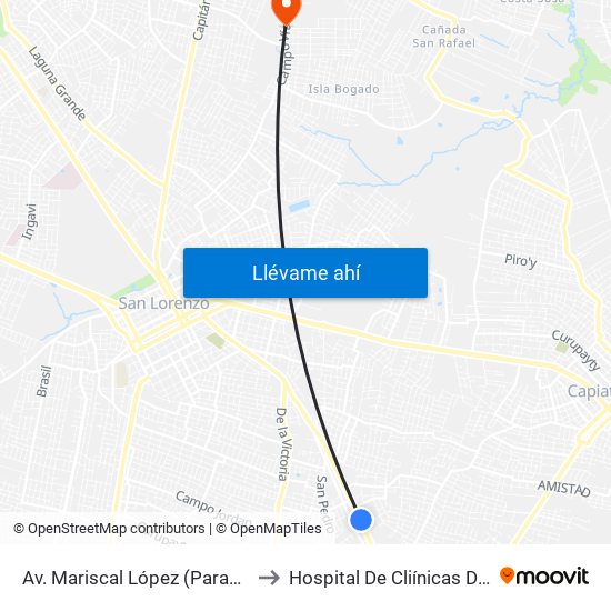 Av. Mariscal López (Parada Km. 17 (1/2)) to Hospital De Cliínicas De San Lorenzo map