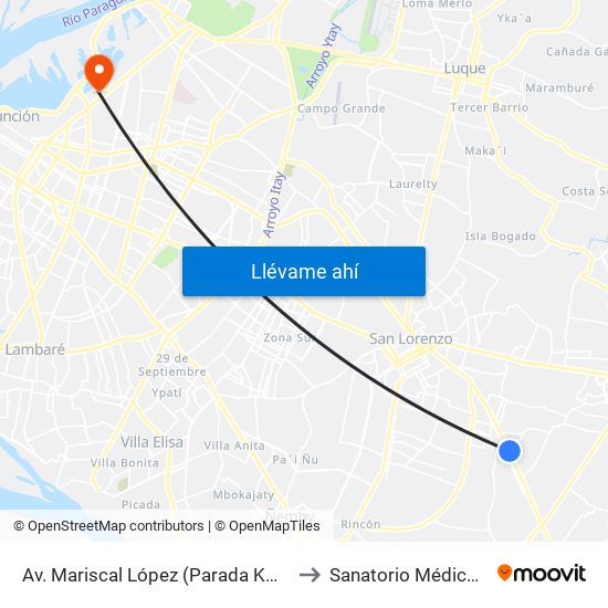 Av. Mariscal López (Parada Km. 17 (1/2)) to Sanatorio Médico AMSA map