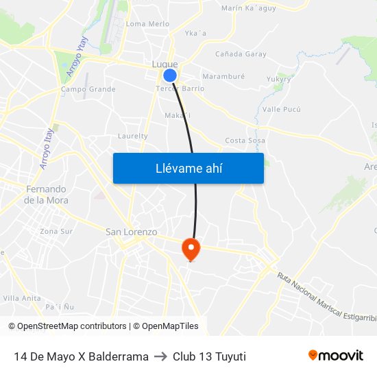 14 De Mayo X Balderrama to Club 13 Tuyuti map