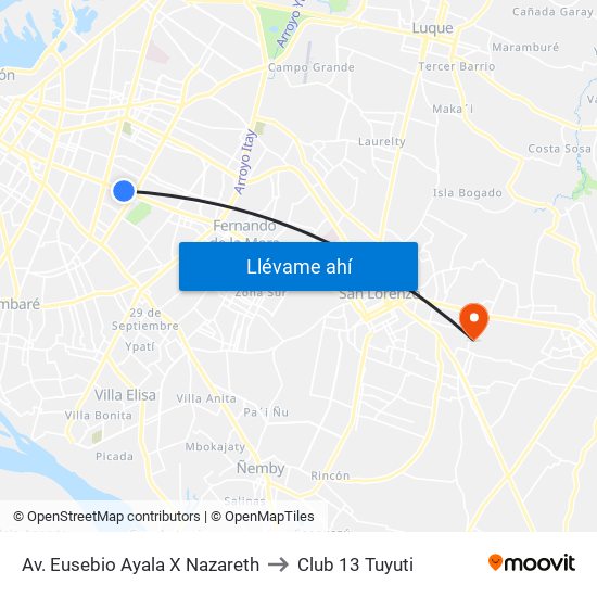 Av. Eusebio Ayala X Nazareth to Club 13 Tuyuti map