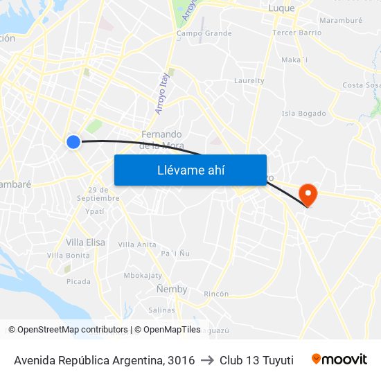 Avenida República Argentina, 3016 to Club 13 Tuyuti map