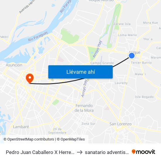 Pedro Juan Caballero X Herrera to sanatario adventista map