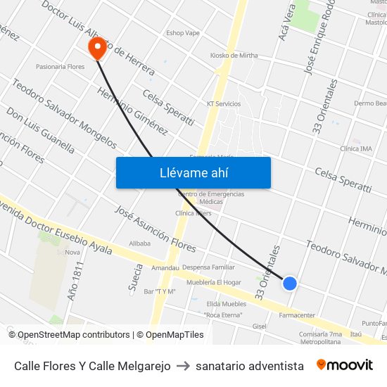 Calle Flores Y Calle Melgarejo to sanatario adventista map