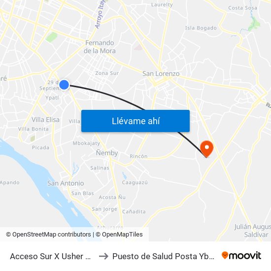 Acceso Sur X Usher Ríos to Puesto de Salud Posta Ybykua map