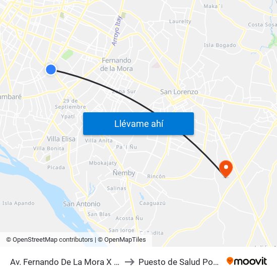 Av. Fernando De La Mora X Av. Argentina to Puesto de Salud Posta Ybykua map