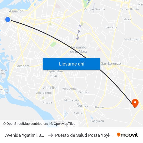 Avenida Ygatimi, 880 to Puesto de Salud Posta Ybykua map