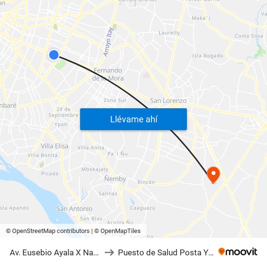 Av. Eusebio Ayala X Nazareth to Puesto de Salud Posta Ybykua map