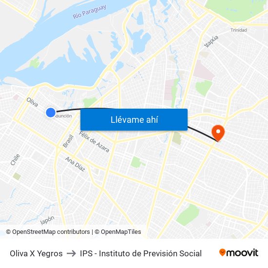 Oliva X Yegros to IPS - Instituto de Previsión Social map