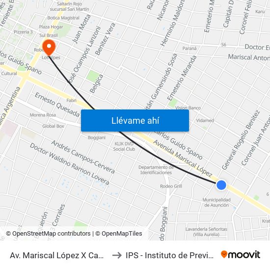 Av. Mariscal López X Capitán Bueno to IPS - Instituto de Previsión Social map