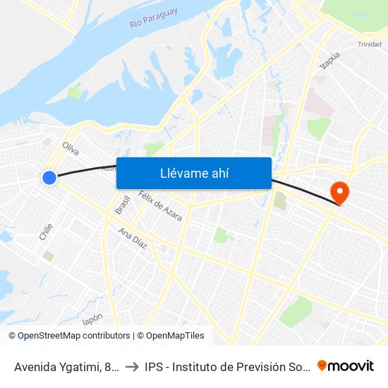 Avenida Ygatimi, 880 to IPS - Instituto de Previsión Social map