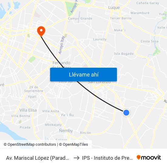 Av. Mariscal López (Parada Km. 17 (1/2)) to IPS - Instituto de Previsión Social map