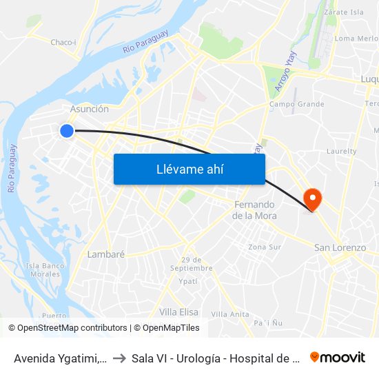 Avenida Ygatimi, 880 to Sala VI - Urología - Hospital de Clinicas map