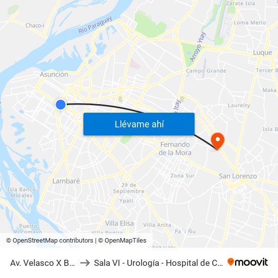 Av. Velasco X Brasil to Sala VI - Urología - Hospital de Clinicas map