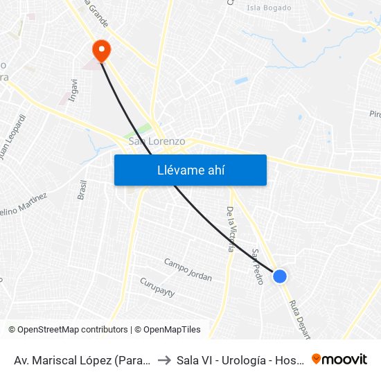 Av. Mariscal López (Parada Km. 17 (1/2)) to Sala VI - Urología - Hospital de Clinicas map