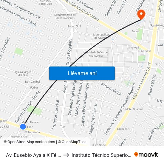 Av. Eusebio Ayala X Félix Lopéz to Instituto Técnico Superior del CFA map