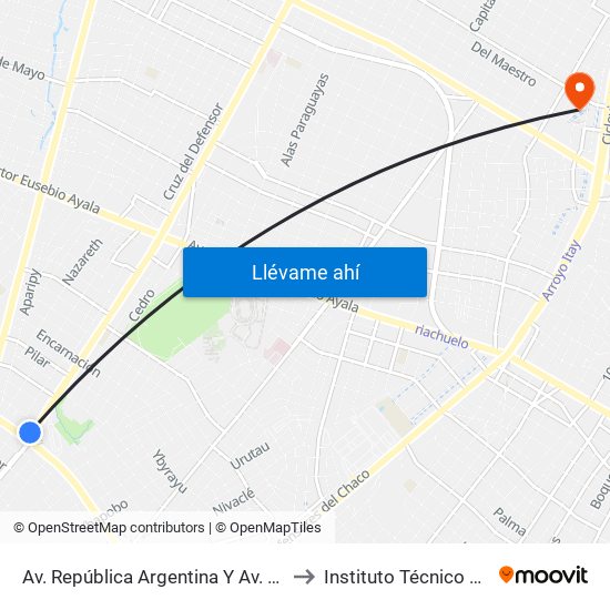 Av. República Argentina Y Av. Dr. Fernando De La Mora to Instituto Técnico Superior del CFA map