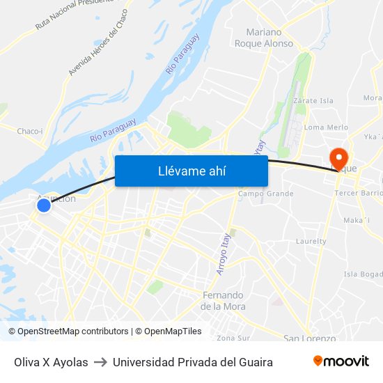 Oliva X Ayolas to Universidad Privada del Guaira map