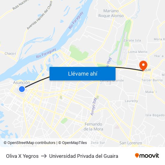 Oliva X Yegros to Universidad Privada del Guaira map