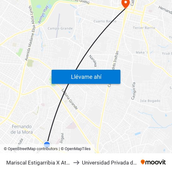 Mariscal Estigarribia X Atilio Galfre to Universidad Privada del Guaira map