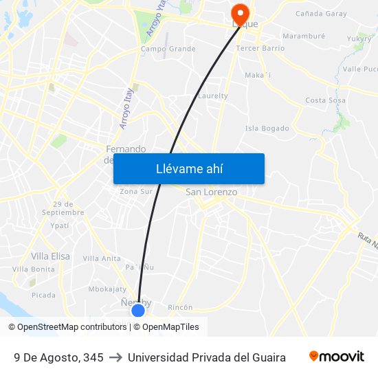 9 De Agosto, 345 to Universidad Privada del Guaira map